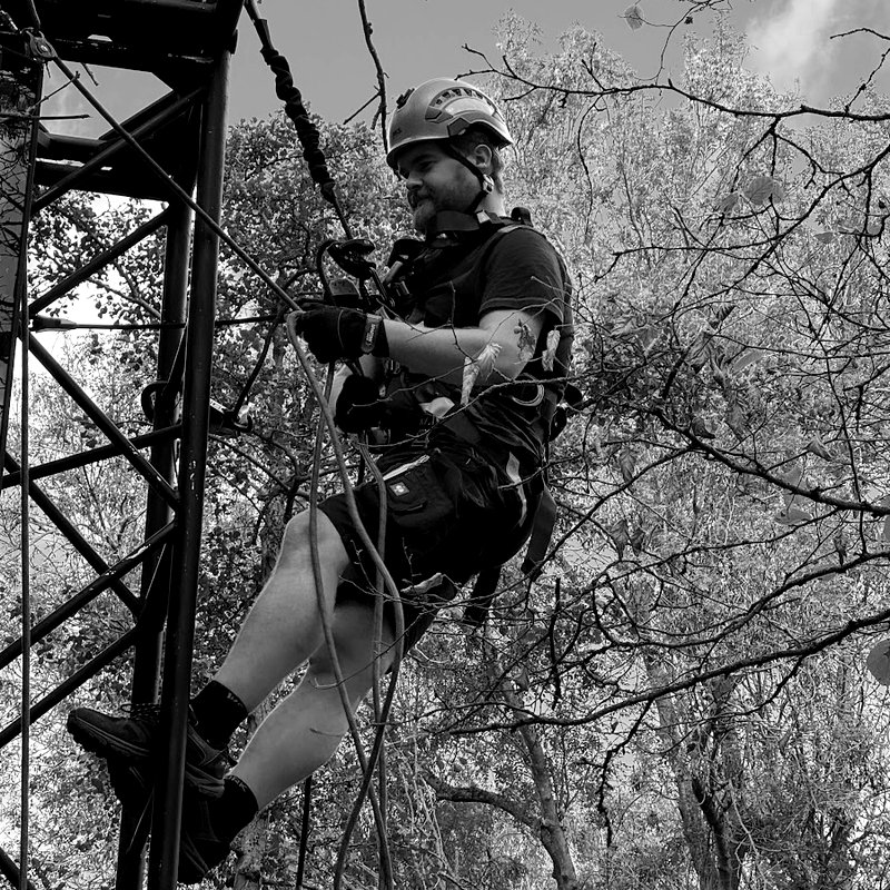Will rigging on a truss tower, in helmet and harness